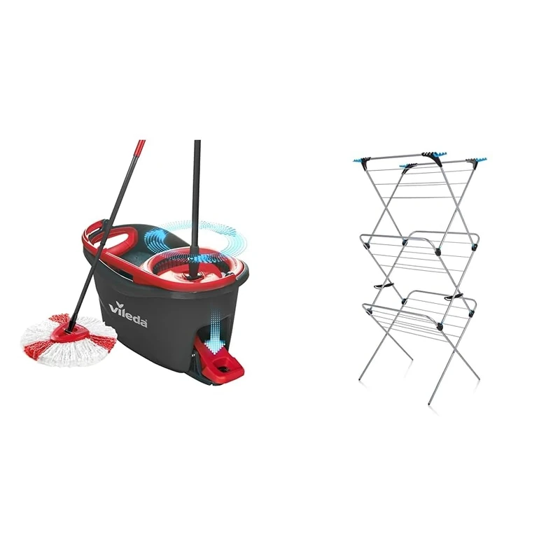 Vileda Turbo Microfibre Mop and Bucket Set, Spin Mop for Cleaning Floors, Set of 1 Mop and 1 Bucket & Minky 3 Tier Plus Clothes Airer