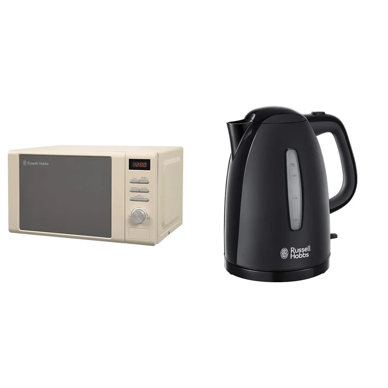 Russell Hobbs RHM2064C 20 Litre 800 W Cream Digital Heritage Microwave with 5 Power Levels & Textures Electric 1.7L Cordless Kettle (Fast Boil 3KW, Black premium plastic, matt