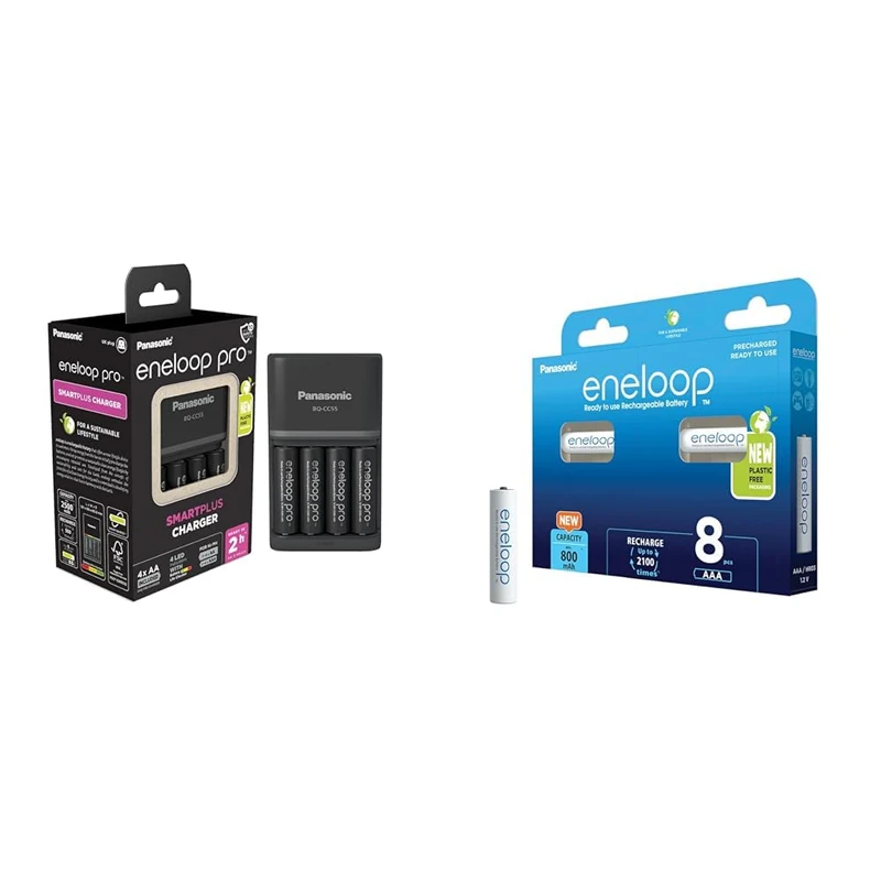 Panasonic eneloop SmartPlus charger | for 1-4 AA/AAA Ni-MH batteries, with 4 LED indicators & Panasonic eneloop AAA/Micro, rechargeable battery, 8-pack, improved capacity of min. 800 mAh