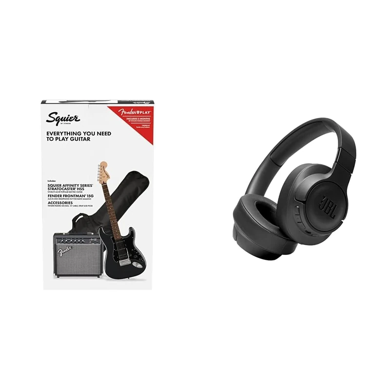 Squier (by Fender) Affinity Stratocaster HSS Electric Guitar Pack in Charcoal Frost Metallic. & JBL Tune 760NC Wired and Wireless Over-Ear Headphones with Built-In Microphone