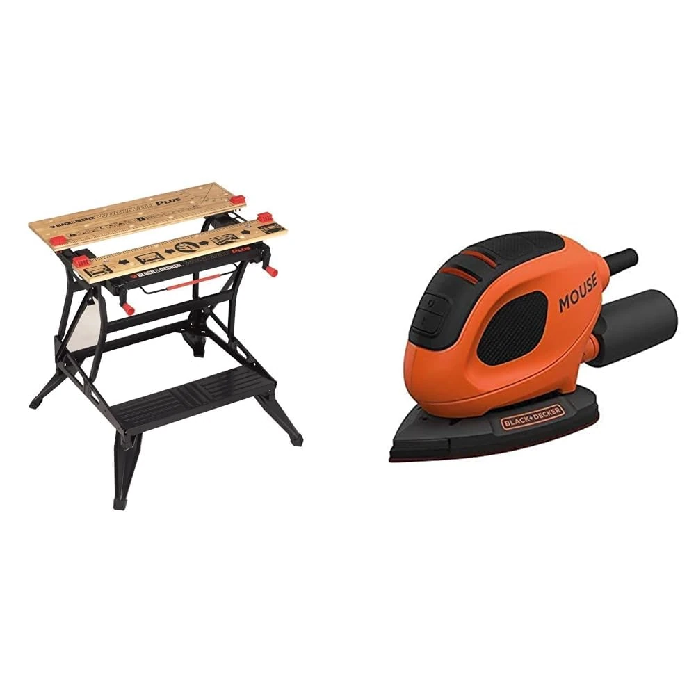 BLACK+DECKER Workmate Plus, Work Bench Tool Stand Saw Horse, Dual Height with Heavy Duty Steel Frame & 55 W Detail Mouse Electric Sander with 6 Sanding Sheets, BEW230-GB