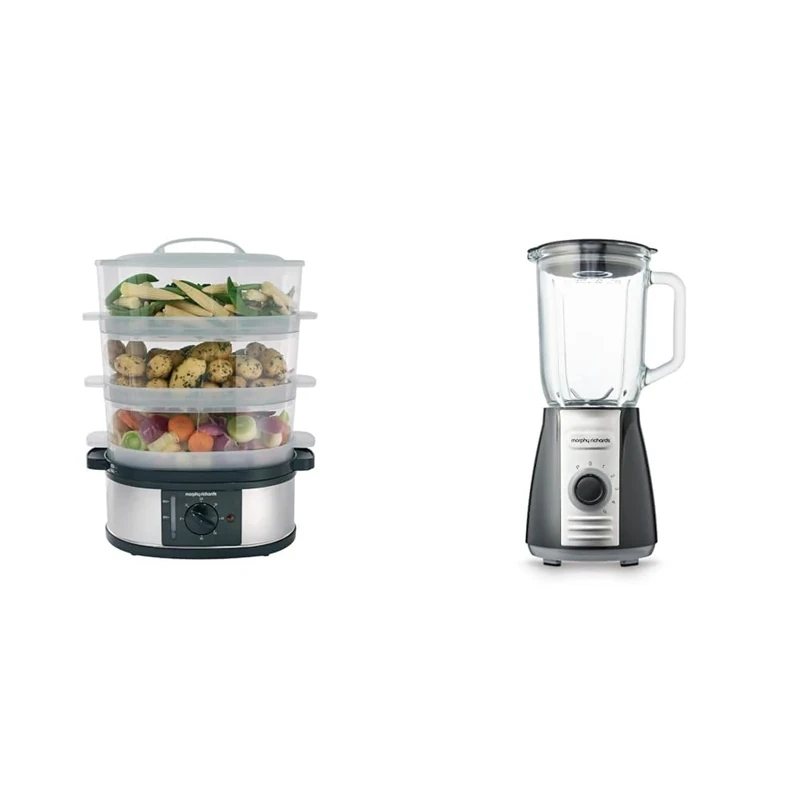 Morphy Richards 48755 3 Tier Food Steamer Three Tier Stainless Steel Food Steamer, Black & Total Control Glass Jug Blender with Ice Crusher Blades, 5 Speed Settings