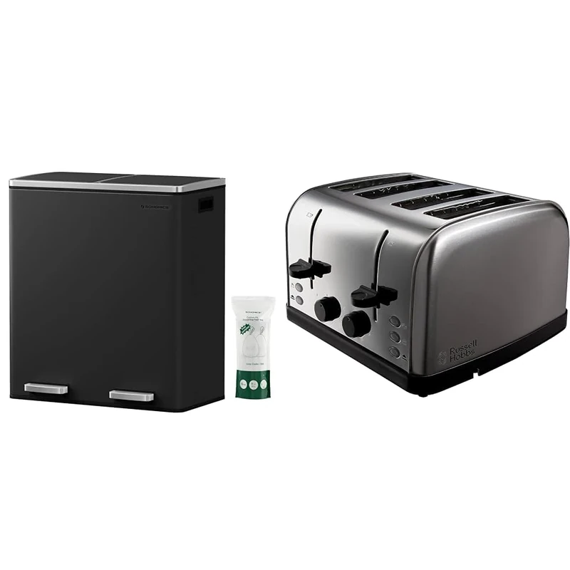 SONGMICS Double Rubbish Bin, 2 x 30L Waste and Recycling Kitchen Bin with 15 Rubbish Bags & Russell Hobbs 4 Slice Toaster (High lift feature, 7 Browning levels, Frozen/Cancel/Reheat function