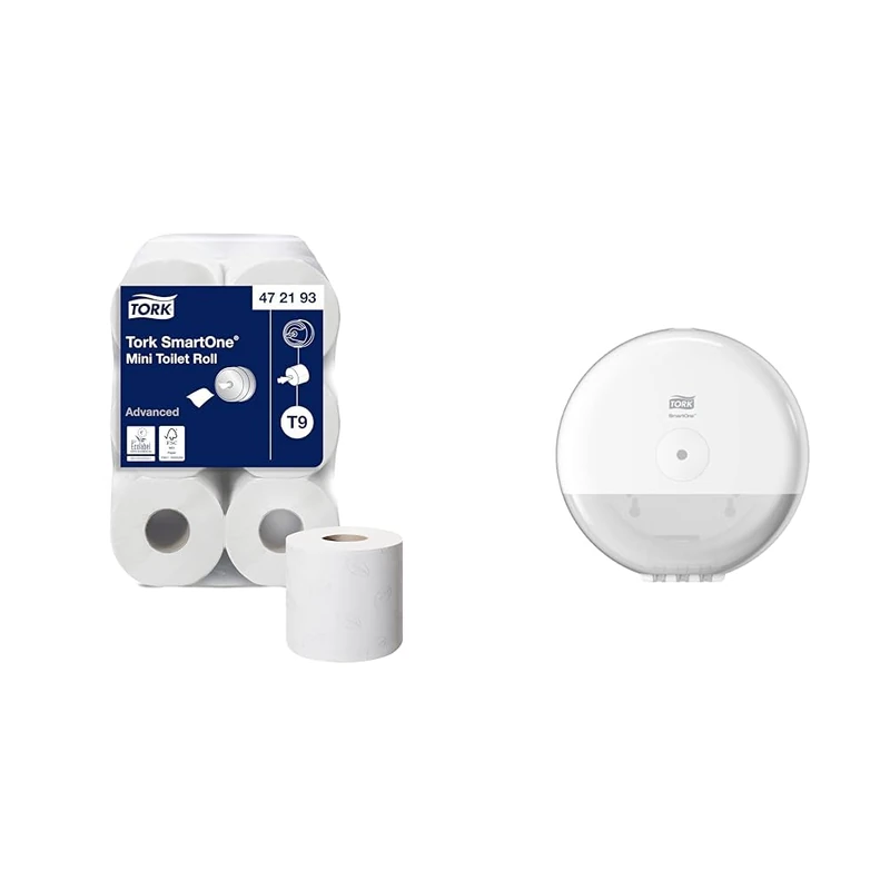 Tork SmartOne Mini Toilet Roll White T9, Advanced, 2-Ply, 12 x 620 Sheets, 472193 & SmartOne Mini Toilet Paper Roll Wall Mounted Dispenser White T9, Elevation Range, 681000