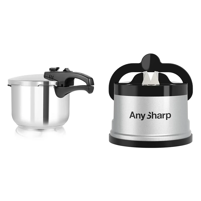 Tower T80244 6L/22cm Pressure Cooker with Steamer Basket, Stainless Steel, Silver & AnySharp Knife Sharpener, Hands-Free Safety, PowerGrip Suction, Safely Sharpens All Kitchen Knives
