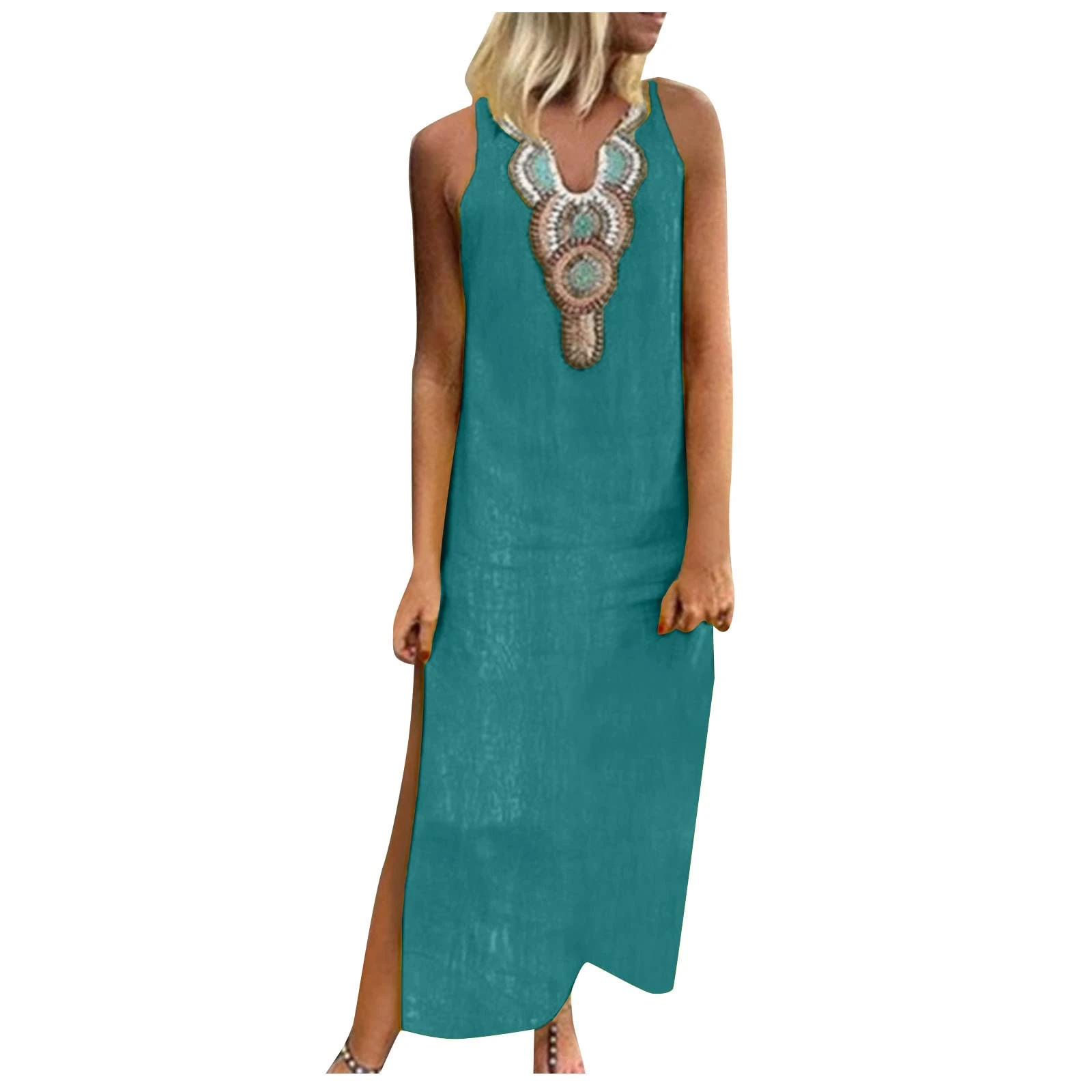 Women Plus Size Linen Dresses Retro Ethnic Print Maxi Dress Sleeveless High Split Long Dress Summer Beach Boho Sundress Vintage A-Line Loose Vest Dress Green
