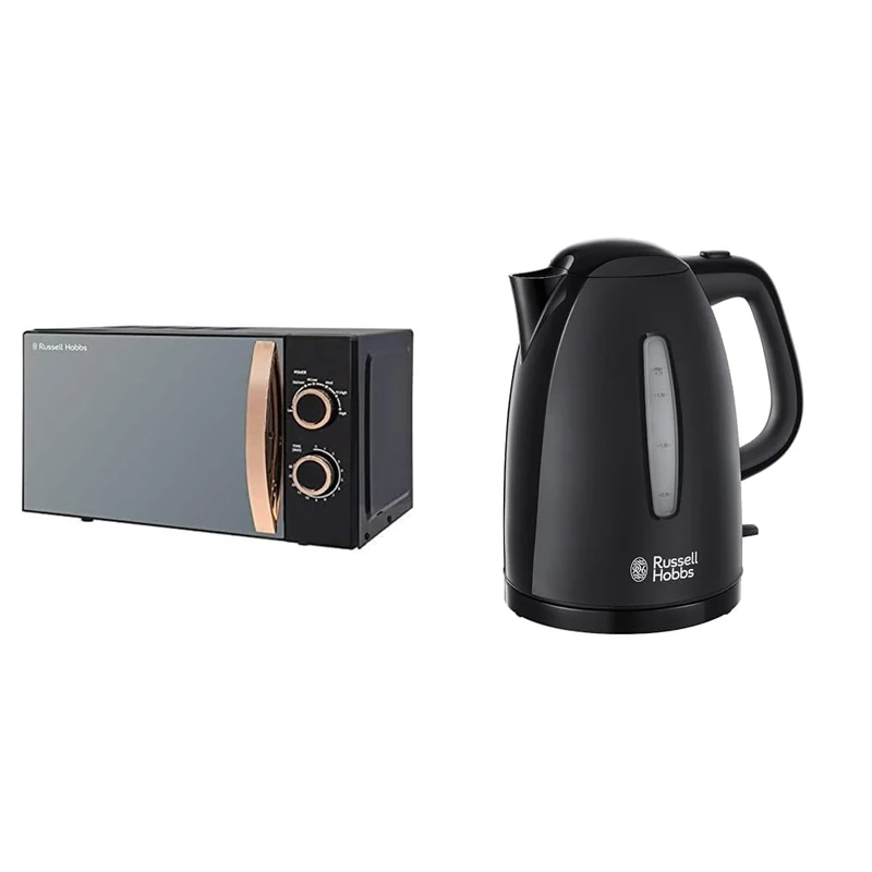 Russell Hobbs RHM1727RG 17 Litre 700 W Rose Gold Solo Microwave with 5 Power Levels, 30 Minute Timer & Textures Electric 1.7L Cordless Kettle (Fast Boil 3KW, Black premium plastic, matt