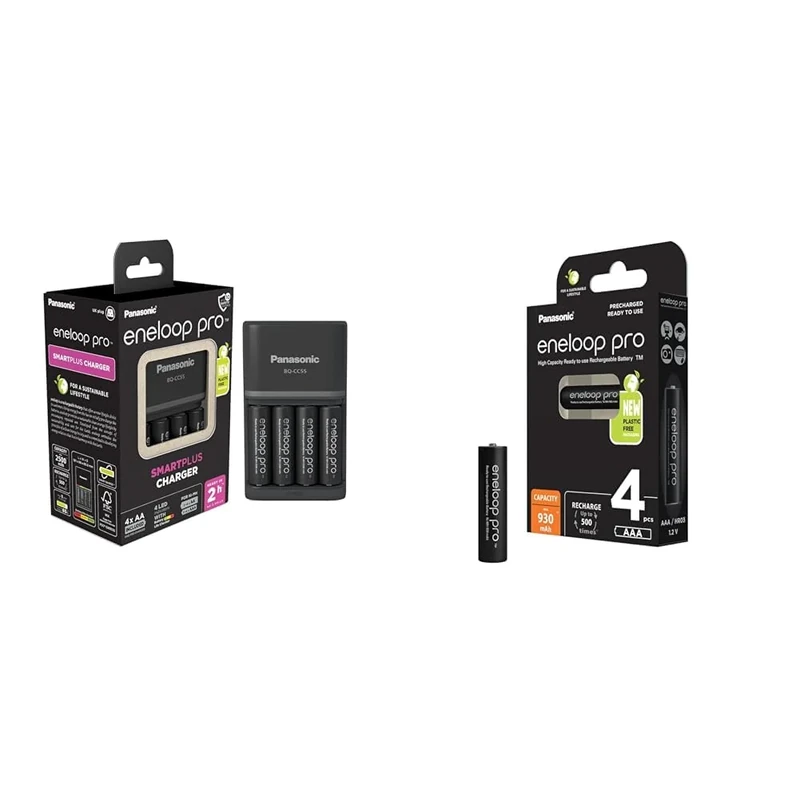 Panasonic eneloop SmartPlus charger | for 1-4 AA/AAA Ni-MH batteries, with 4 LED indicators & Panasonic eneloop pro AAA/Micro, rechargeable battery, 4-pack, min. 930 mAh, 500-charge cycle life