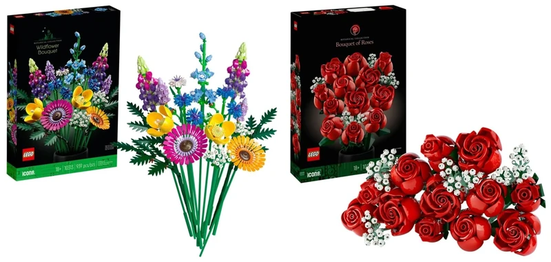 LEGO Icons Bouquet of Roses, Artificial Flowers Set for Adults, Botanical Collection & 10313 Icons Wildflower Bouquet Set, Artificial Flowers with Poppies and Lavender
