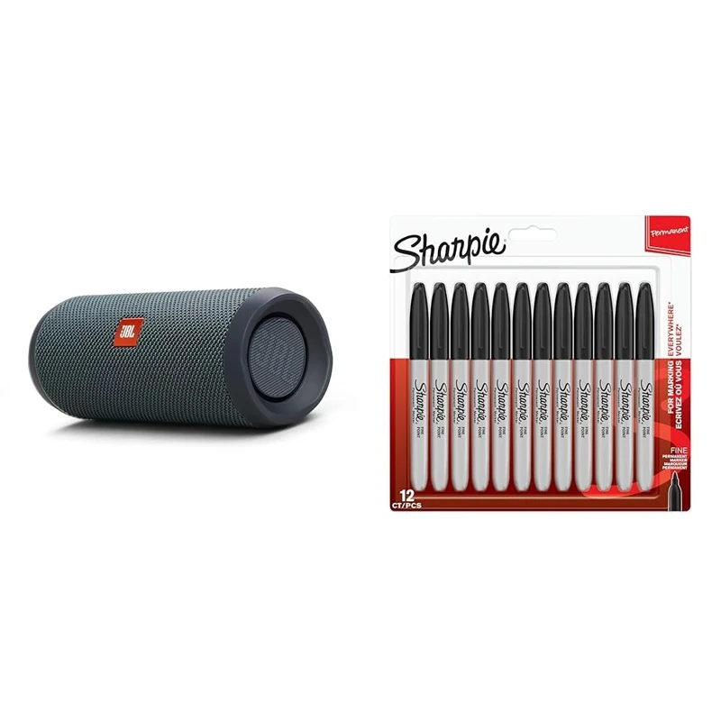 JBL Flip Essential 2 Portable Bluetooth Speaker with Rechargeable Battery, IPX7 Waterproof & Sharpie Permanent Markers | Fine Point for Bold Details | Black Ink | 12 Marker Pens