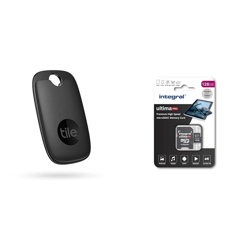 Tile Pro (2022) Bluetooth Item Finder, 1 Pack, 120m finding range, works with Alexa and Google & Integral 128GB Micro SD Card 4K Video Premium High Speed Memory Card SDXC Up to 100MB s Read