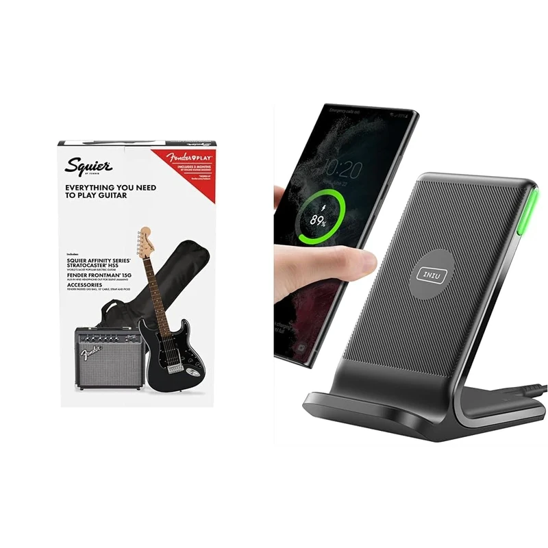 Squier (by Fender) Affinity Stratocaster HSS Electric Guitar Pack in Charcoal Frost Metallic. & INIU Wireless Charger, 15W Fast Wireless Charging Stand Qi Certified Sleep-friendly Adaptive Light