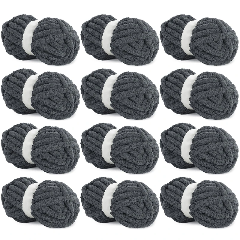 HOMBYS Charcoal Grey Chunky Chenille Yarn for Crochet, Knitting, Hand Knitting, Soft Plush, 12 Pack Jumbo (27