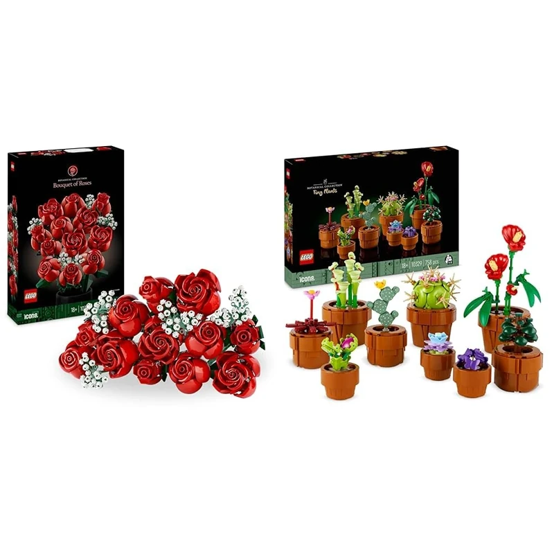 LEGO Icons Bouquet of Roses, Artificial Flowers Set for Adults, Botanical Collection & 10329 Icons Tiny Plants Set, Artificial Flowers in 9 Buildable Teracotta-Coloured Pots, Botanical Collection