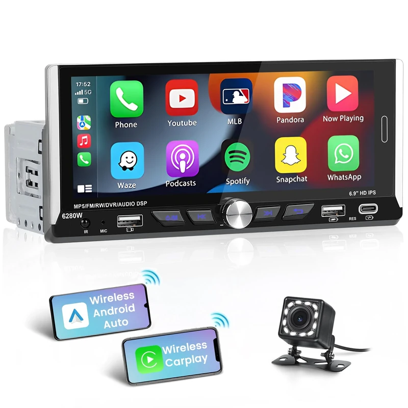 Newest 6.9 Inch Single Din Radio Stereo Wireless Apple Carplay Android Auto,1280 * 480 Touchscreen Stereo with Voice Control Bluetooth 5.0 MirrorLink Backup Came SWC RDS/FM 2 USB Type C EQ