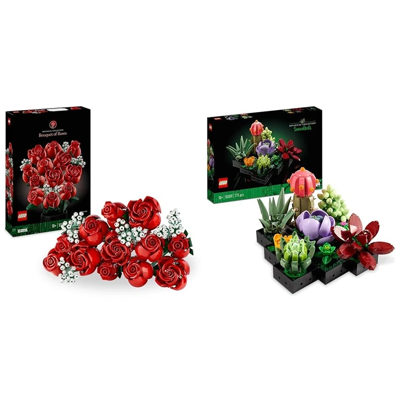 LEGO Icons Succulents Artificial Plants Set 10309 + Bouquet of Roses 10328, Artificial Flowers Set for Adults, Botanical Collection, Home Décor Accessories, Gifts for Women, Men, Her or Him, Relaxing