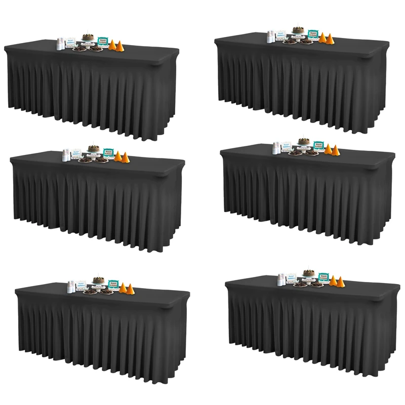 Shillance 6 Packs Black Spandex Table Covers 6 Foot, Fitted Stretch Table Cloth with Skirts 96x30 Inch, Wrinkle-Free Floor Length Rectangle Tablecloths for Trade Show Weddings Parties Banquets Events
