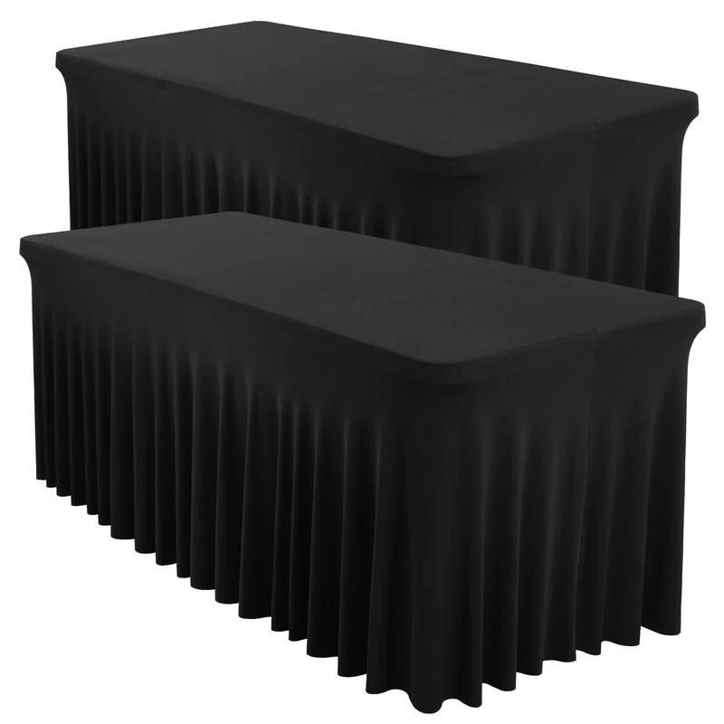 Shillance 2 Packs Black Spandex Table Covers 8 Foot, Fitted Stretch Table Cloth with Skirts 96x30 Inch, Wrinkle-Free Floor Length Rectangle Tablecloths for Trade Show Weddings Parties Banquets Events