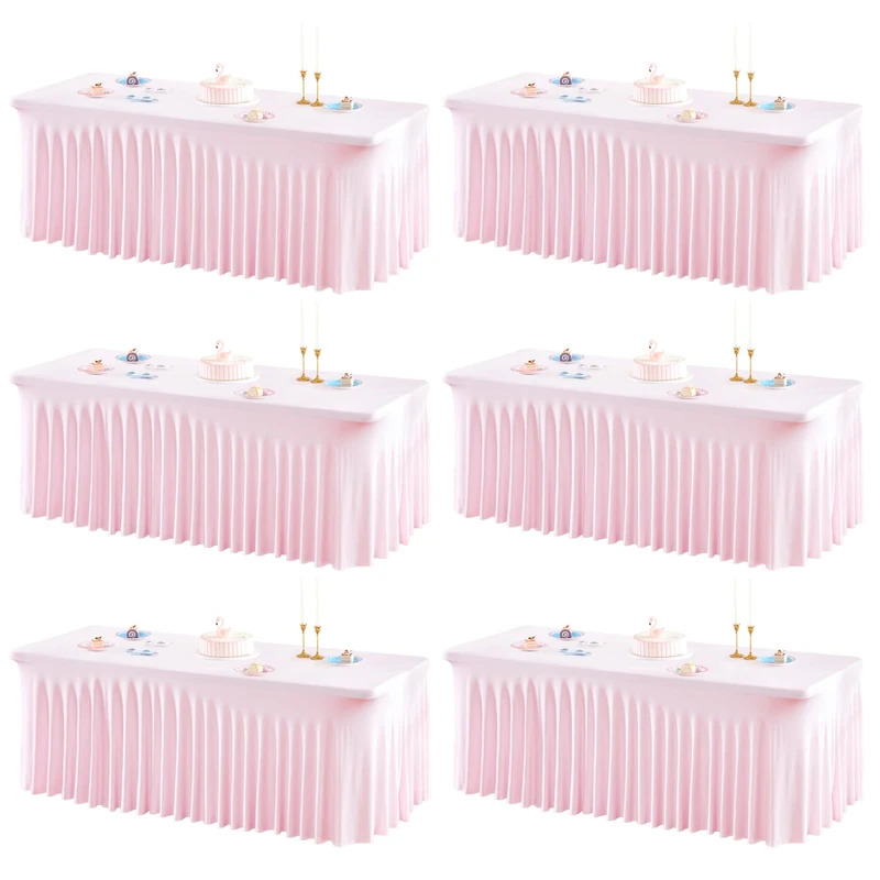 6 Packs Baby Pink Spandex Tableclothes for 8 Foot Rectangle Table, Spandex Table Covers 8FT Stretch Table Skirts Rectangle Wrinkle Free Fitted Table Cover for Event, Wedding, Banquet & Parties