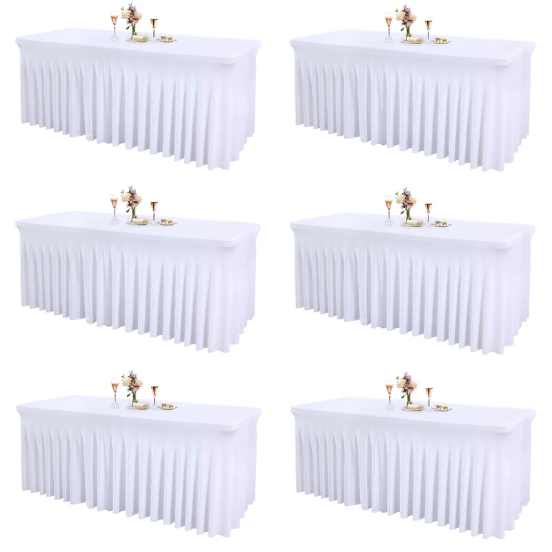 Shillance 6 Packs White Spandex Table Covers 6 Foot, Fitted Stretch Table Cloth with Skirts 72x30 Inch, Wrinkle-Free Floor Length Rectangle Tablecloths for Weddings Parties Banquets Events