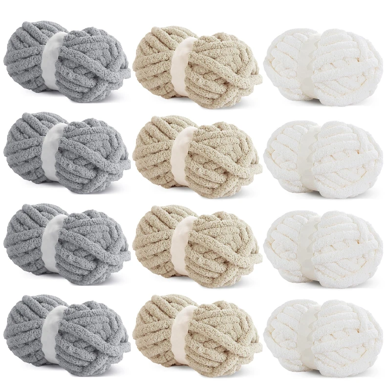 HOMBYS 12 Pack Chunky Yarn for Crocheting & Knitting, Super Bulky Soft Fluffy Plush Fuzzy Thick Chenille Yarn, 4 Cream, 4 Light Grey, 4 Khaki (Each 27yds, 8 oz)