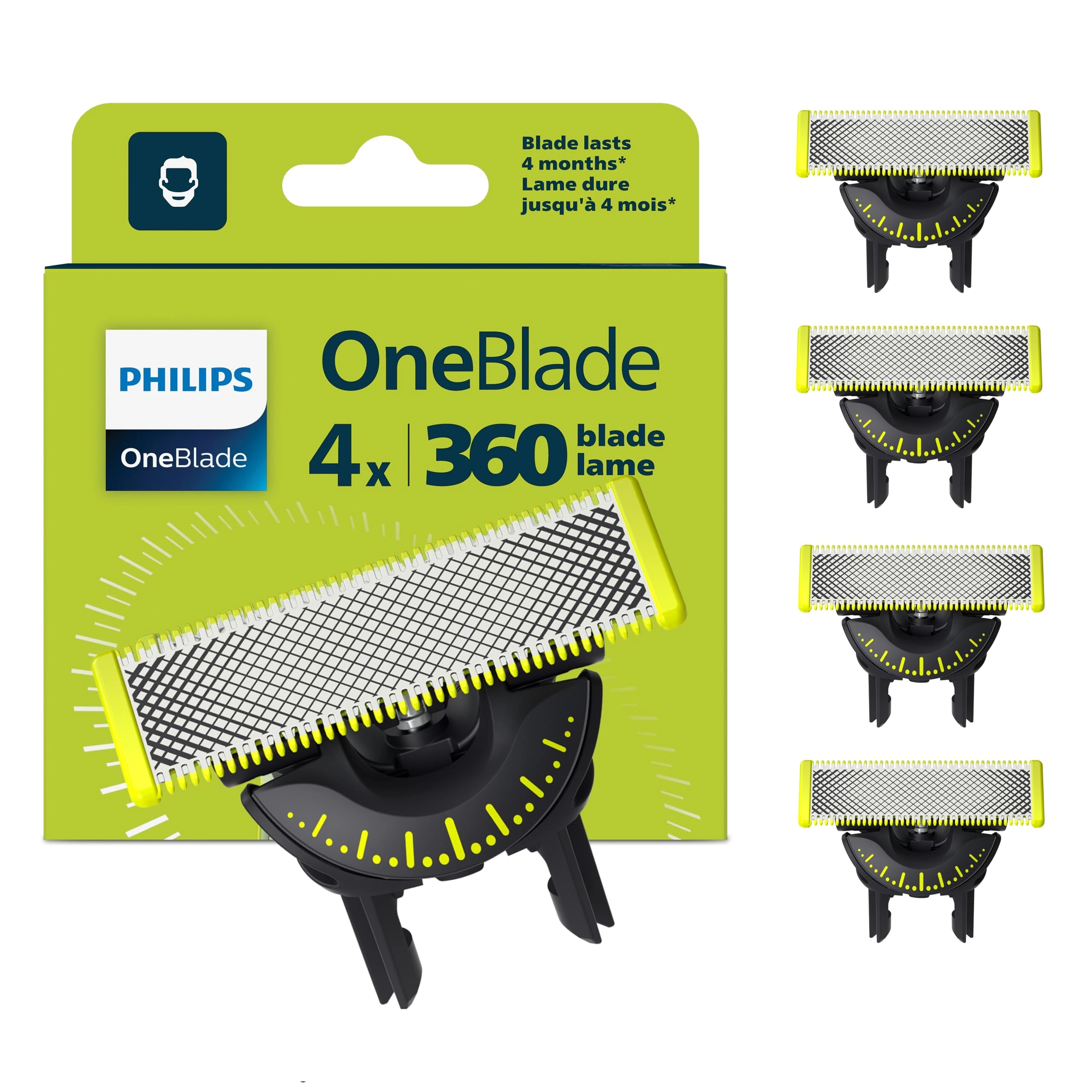 Philips OneBlade Original 360 Blade Heads, Compatible with all OneBlade and Pro Electric Shaver & Trimmers, Original from Philips, 4x One Blade, 16-Month Supply (QP440/50)