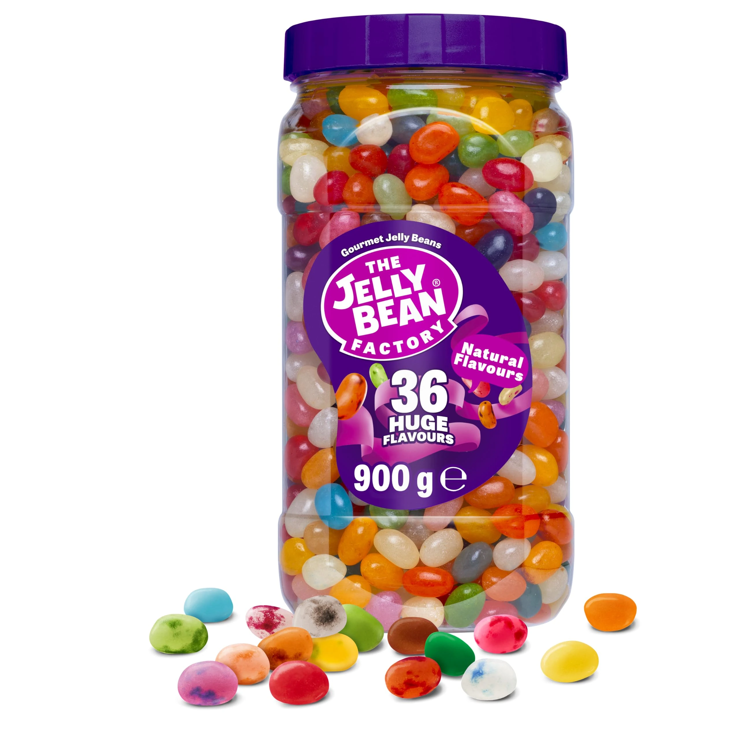 The Jelly Bean Factory, Jelly Beans Gift 900 g Jar of Sweets, Gluten Free - 36 Natural, Huge Fruit Flavours, Chewy, Retro American Sweets for Kids, Adults, Christmas - Gourmet Pick and Mix Jellybeans