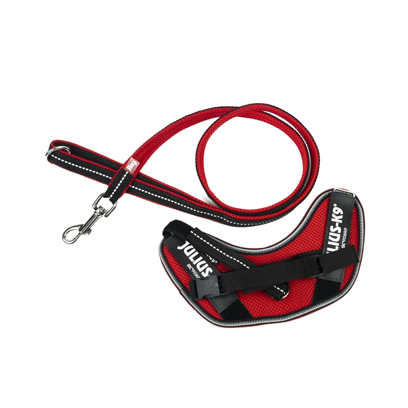 IDC Powair Bundle - IDC Powair Harness, Size: XS/Mini-Mini, Red + IDC Powair Leash, Size: 1,2 m with Handle and Small Carabiner, Red
