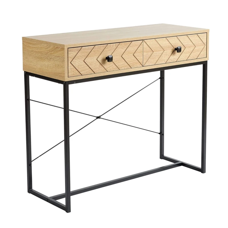 Home Source Aztec 2 Drawer Console Side Table Compact Sideboard, Oak Effect