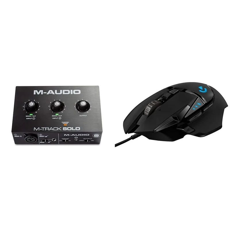 M-Audio M-Track Solo – USB Audio Interface for Recording, Streaming and Podcasting with XLR & Logitech G G502 HERO High Performance Wired Gaming Mouse, HERO 25K Sensor, 25,600 DPI, RGB