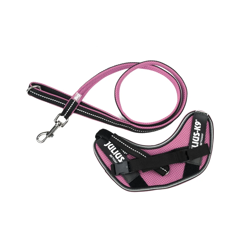JULIUS-K9 IDC Powair Bundle - IDC Powair Harness, Size: XS/Mini-Mini, Pink + IDC Powair Leash, Size: 1,2 m with Handle and Small Carabiner, Pink
