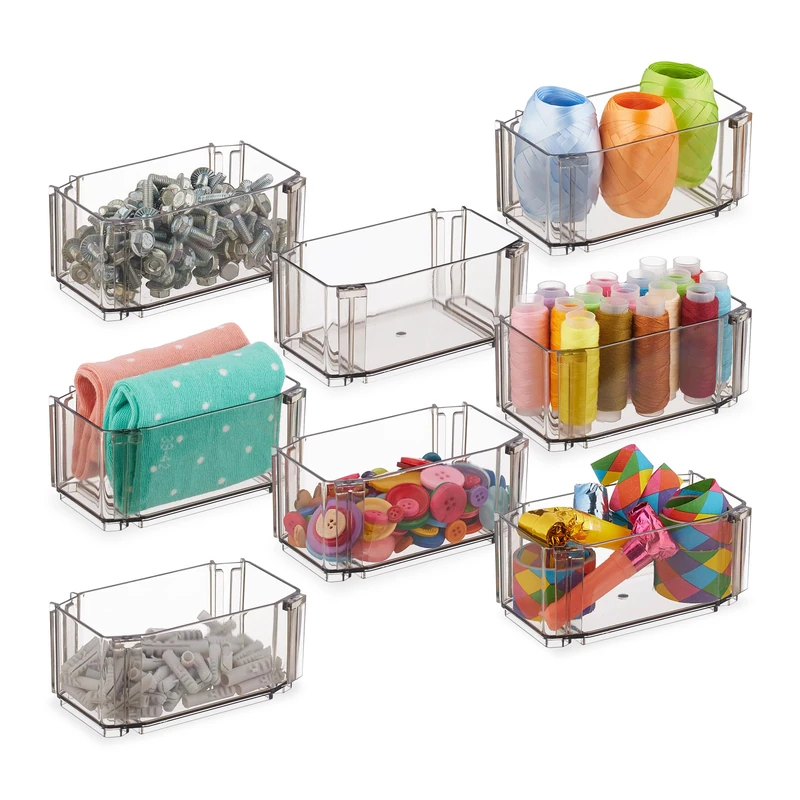 Relaxdays Drawer Organiser System, 8-Piece, Storage for Underwear, Socks, Make-up, Plastic, 5.5 x 12 x 7 cm, Transparent