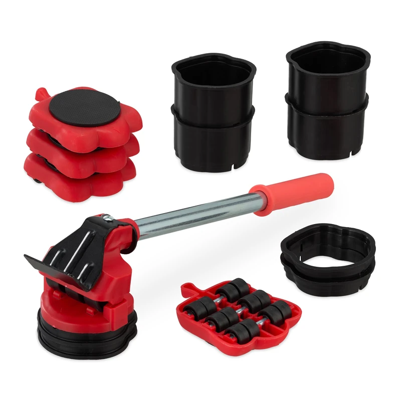 Relaxdays Furniture Lifter and Trolley Set, Transport Heavy Objects, up to 150kg, Rotates, 8 Attachments, Red/Black, Iron, 7 x 34 x 7 cm
