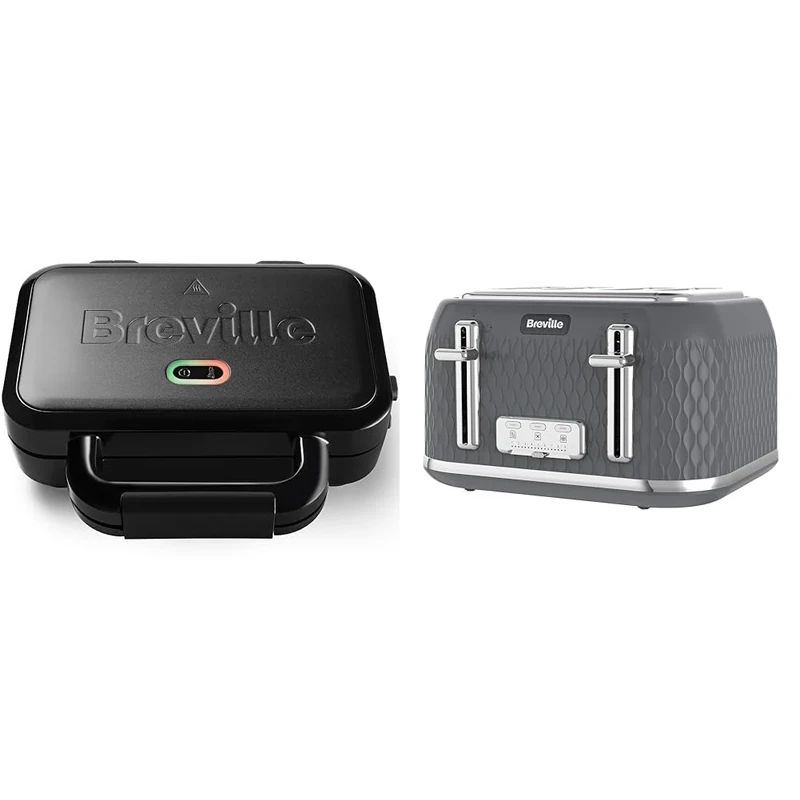 Breville Ultimate Deep Fill Toastie Maker | 2 Slice Sandwich Toaster | Removable Non-Stick Plates & Curve 4-Slice Toaster with High Lift and Wide Slots | Grey & Chrome [VTR013]