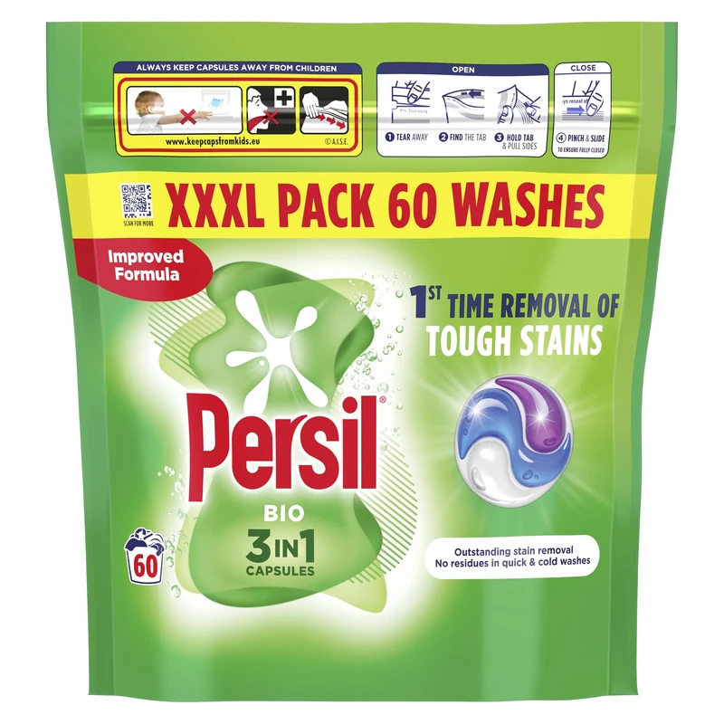 Persil Bio 3 in 1 Washing Capsules 1st time removal of tough stains outstanding stain removal in quick & cold washes 60 washes