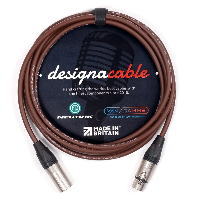 designacable.com 15m - Brown Balanced XLR to XLR Cables - Handmade in the UK using Van Damme XKE Microphone Cable & Neutrik Female NC3FXX & Male NC3MXX XLRs.