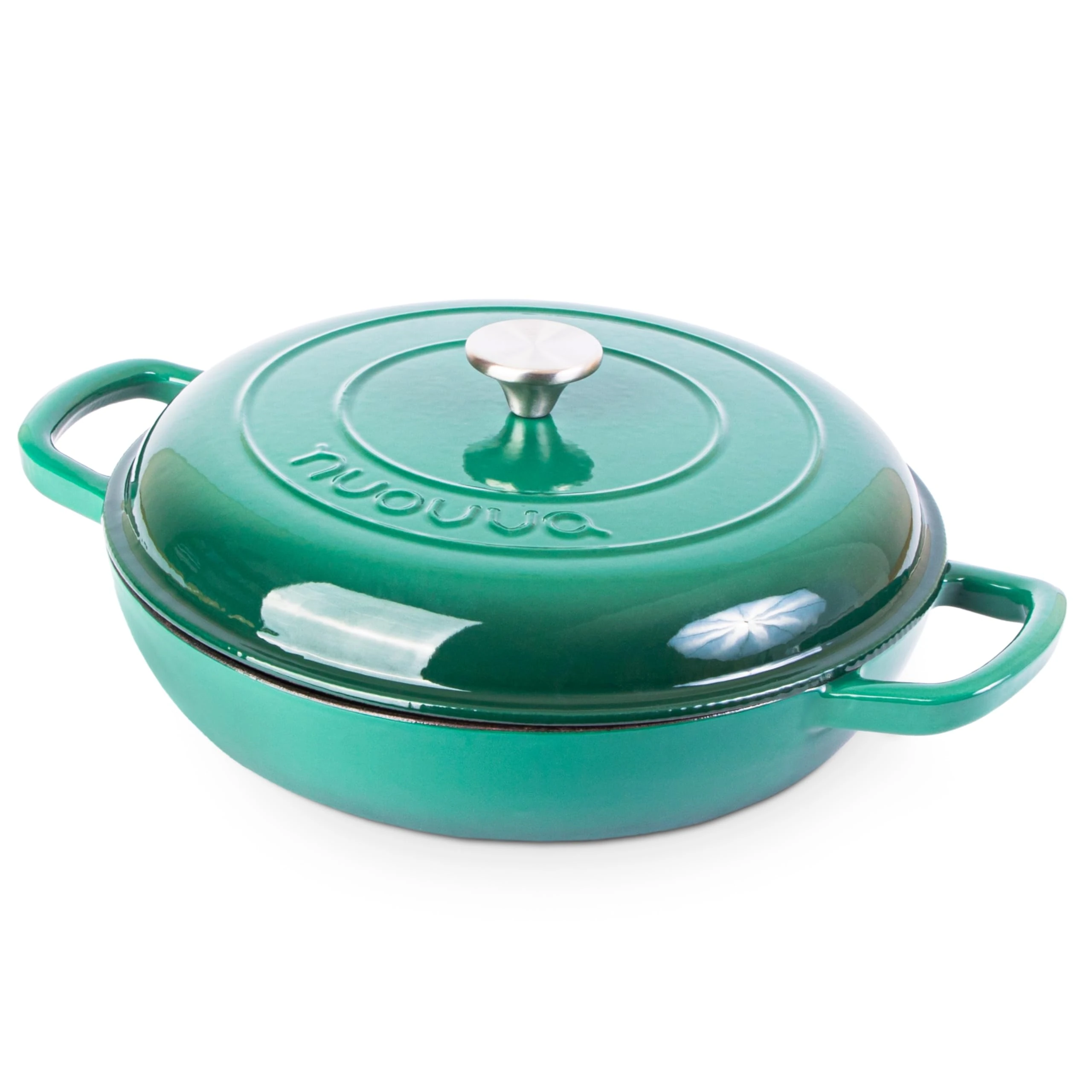 Shallow Cast Iron Casserole with Lid – Non Stick Dutch Oven Pot, Oven Safe up to 500° F – Sturdy Ovenproof Stockpot Cookware – Enamelled Cooking Pot – Dark Green, 3L, 30cm – by Nuovva