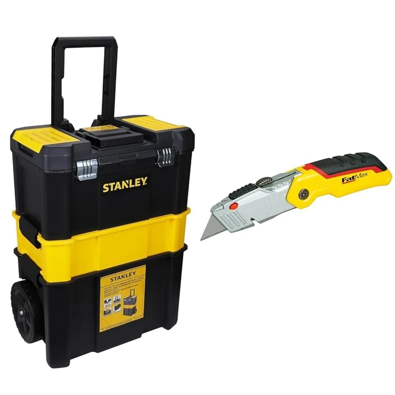 STANLEY Essential Rolling Workshop Toolbox, 3 Tier Stackable Units, STST1-80151 & 0-10-825 FATMAX Retractable Folding Knife, Yellow/Silver