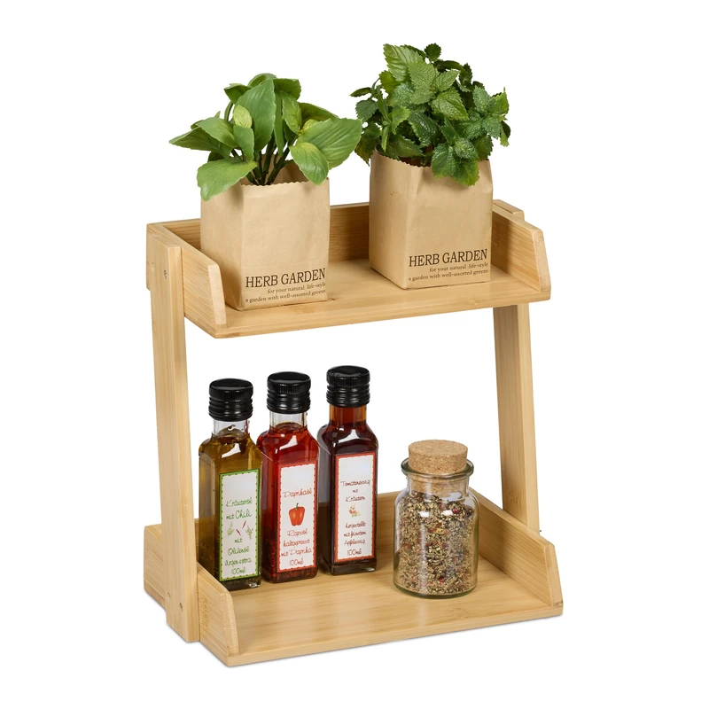 Relaxdays Spice Rack, Bamboo, 2 Levels for Jars and Bottles, Kitchen Stand, HWD: 27 x 27.5 x 16 cm, Organiser, Natural