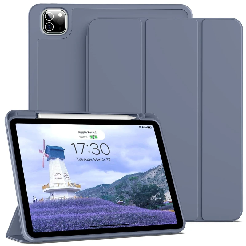 BQDIYOO Case for 11 inch iPad Pro 4th/3rd/2nd Generation 2022/2021/2020, with Pencil Holder, Trifold Stand Protective Case, Soft Slim TPU Back Cover, Auto Wake/Sleep, Purple