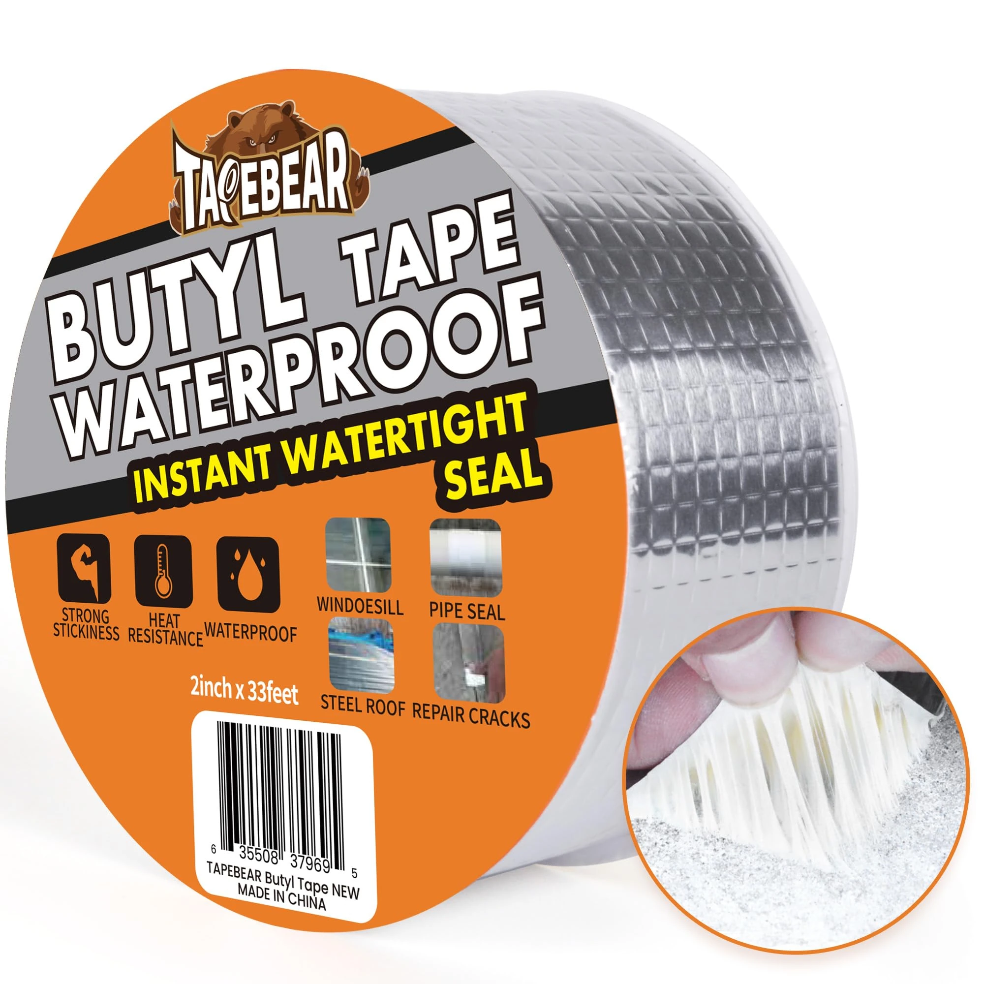 TAPEBEAR 50mm x 10m Butyl Tape Waterproof Sealant Tape Aluminum Foil Duct Sealing Tape for RV Roof Repair, Boat and Pipe Sealing, Silicone, Glass & EDPM Roof Leak Patching, Silver