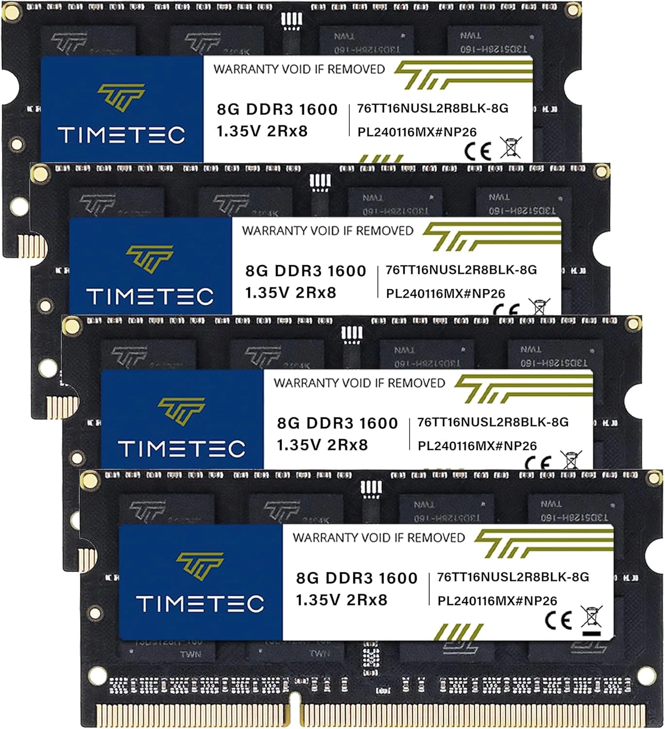 Timetec 32GB KIT(4x8GB) DDR3L 1600MHz PC3-12800 Non-ECC Unbuffered 1.35V/1.5V CL11 2Rx8 204 Pin SODIMM Laptop Notebook PC Computer Memory RAM Module Upgrade Black PCB
