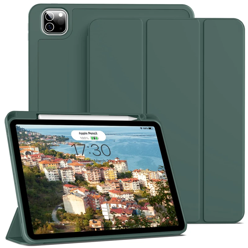 BQDIYOO Case for 11 inch iPad Pro 4th/3rd/2nd Generation 2022/2021/2020, with Pencil Holder, Trifold Stand Protective Case, Soft Slim TPU Back Cover, Auto Wake/Sleep, Green