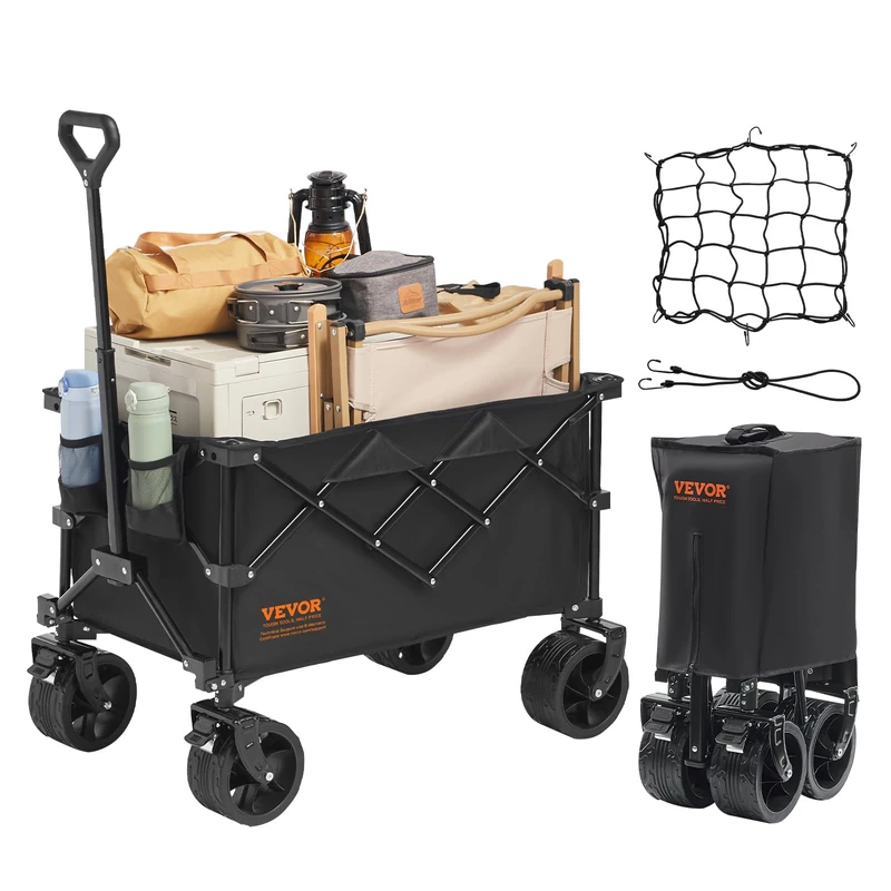 VEVOR 113 L Beach Terrain Wheels, Heavy Duty Folding Cart Max 250 lbs with Drink Holders, Sports Wagon for Camping, Shopping, Garden, Iron, Black, 33.7 x 19.7 x 42.1 in