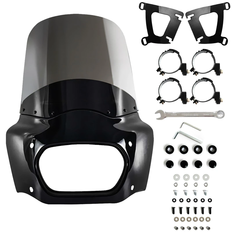 BOSYCY Motorcycle Fairing Windshield Kit, Retro Motorbike 15" Smoked Wind-Screen Black Fairing, 48-58mm Forks Fit for Harley Softail Fat Bob FXFB 2018-2019 114 FXFBS 2018-2023