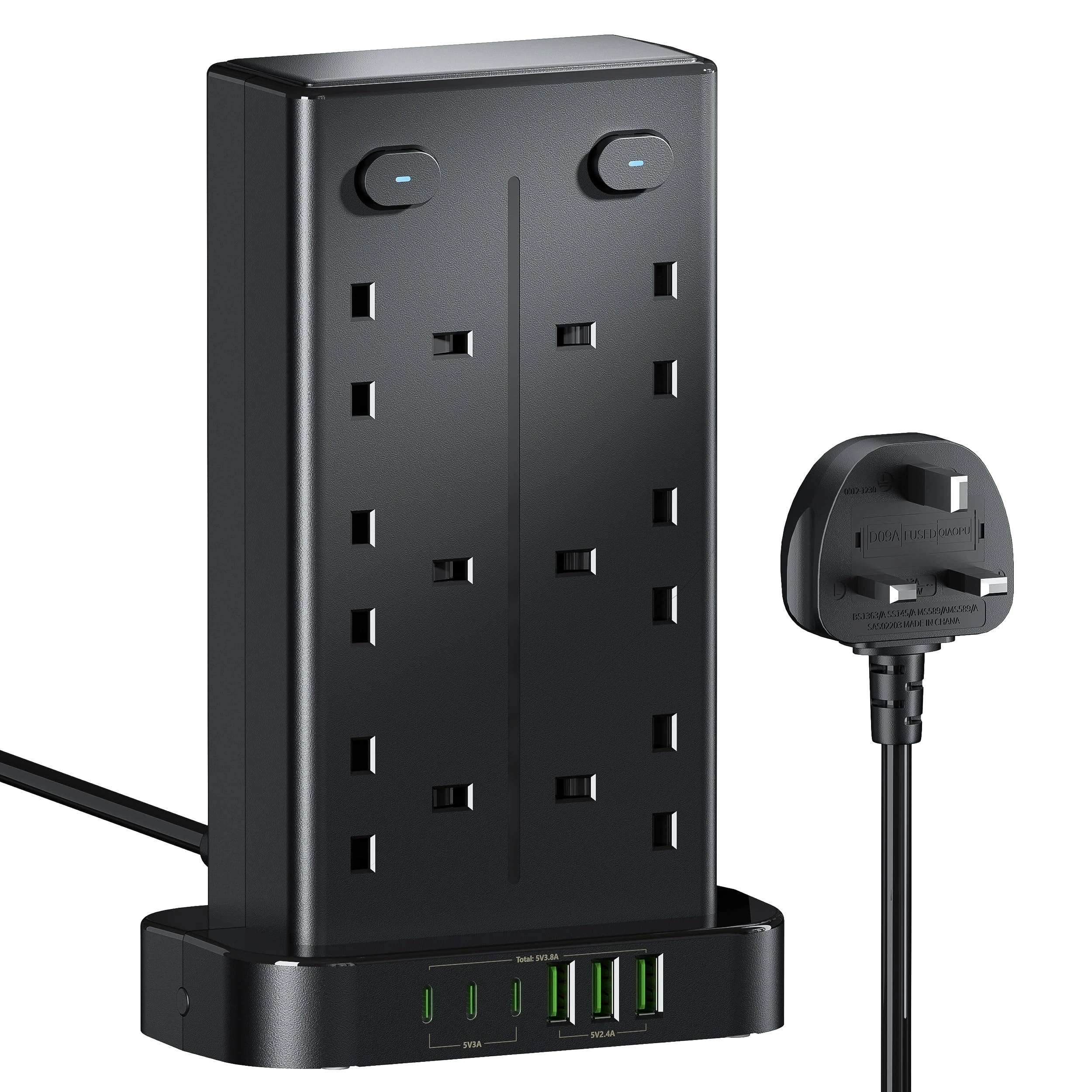 Tower Extension Lead with USB C Slots, 12 Way Multi Plug Socket Extension with 6 USB Ports, Overload Protected Extension Lead with 4 Switch Tower Extension Cable 1.8m for Home Kitchen Office