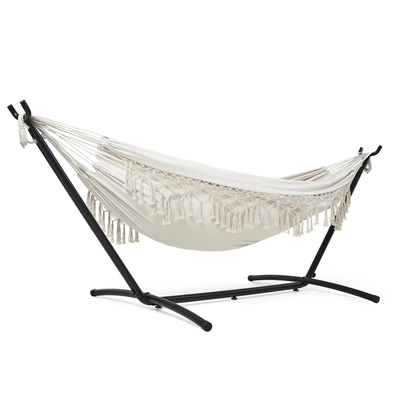 Mondeer 2 Person Hammock with Stand, Bohemian Style Portable Garden Double Hammock, Metal Frame Adjustable, Suitable for Outdoor Terraces, Patios and Gardens, up to 270kg, Beige