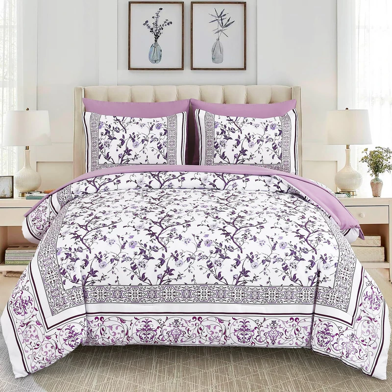 Dobuyly Purple King Size Comforter Set, Floral Botanical Bedding Set 7 Piece Bed in a Bag King, Soft Microfiber Bedding Comforter Sets with Sheets for All Season