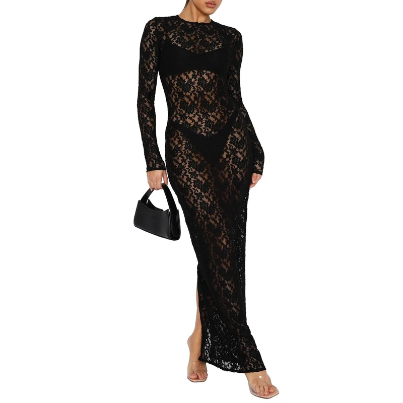 Betrodi Women Vintage Y2k Lace Maxi Dress Long Sleeve See Through Mesh Bodycon Dress Floral Lace Maxi Long Slip (A51 Black, L)