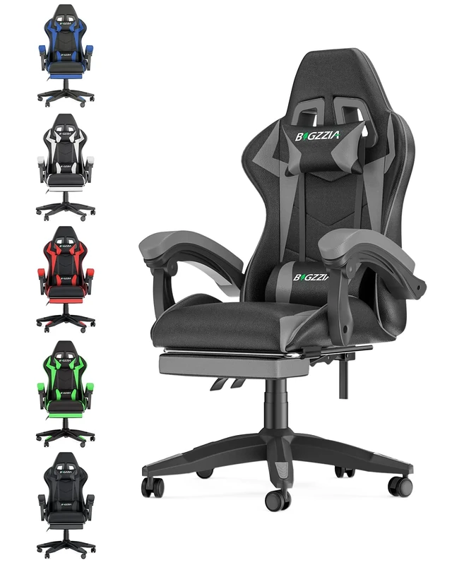 bigzzia Ergonomic Gaming Chair - Gamer Chairs with Lumbar Cushion + Headrest, Height-Adjustable Office & Computer Chair for Adults (with footrest, Grey)